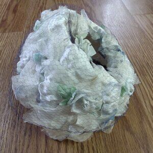 Vintage Flower Petal Hat Fluffy Crown Bonnet White Pale Blue Roses and Netting